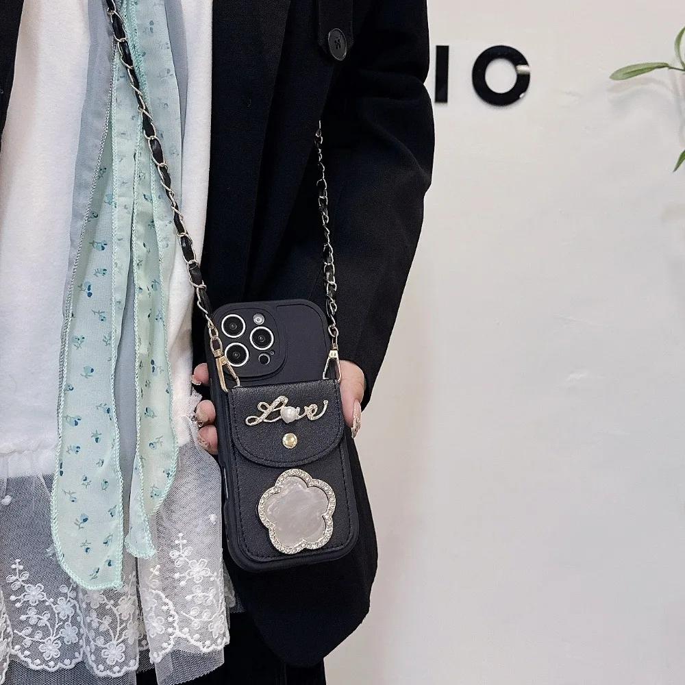 Кожаный чехол-кошелек с зеркалом и держателем для карт для iPhone 16 Pro Max 15 14 Plus 13 12 11 XS XR X 7 8, защитный чехол