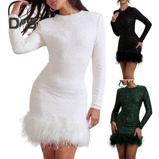 Женское мини-платье с отделкой из пайеток и перьев, сексуальное облегающее платье с длинным рукавом, блестящее коктейльное платье для вечеринки по случаю дня рождения, клубной ночи