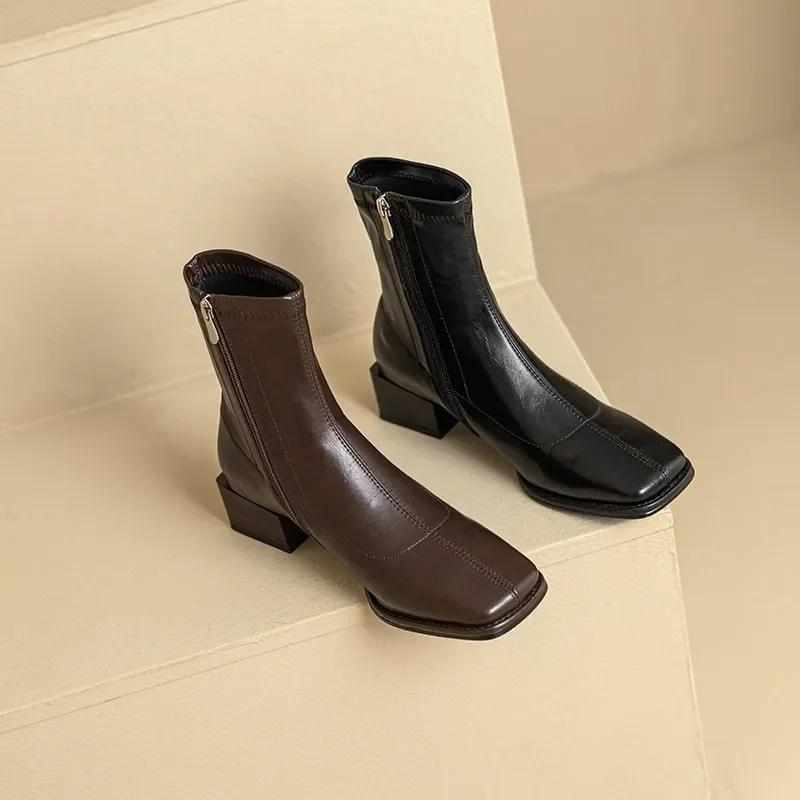 Fashion Square Toe Women Ankle Boots Flock Stretch Shoes Thin Mid Heels Black/Brown/Beige Back Zipper Dress Sock Boots Woman  Size 34-40