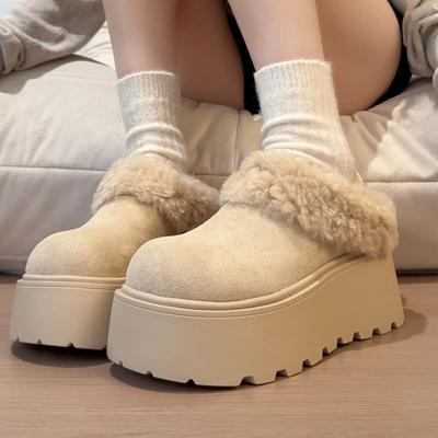 Флисовые утепленные ретро зимние хлопковые ботинки на толстой подошве для женщин, новые кожаные на мягкой подошве с увеличенной высотой