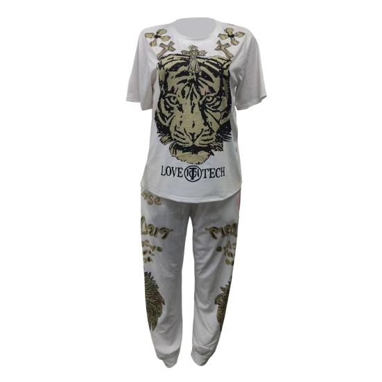 2 Pcs/Set Women T-shirt Pants Set Tiger Print Round Neck Short Sleeves Top Ankle-banded Elastic Waist Trousers Casual Daily Wear Outfit