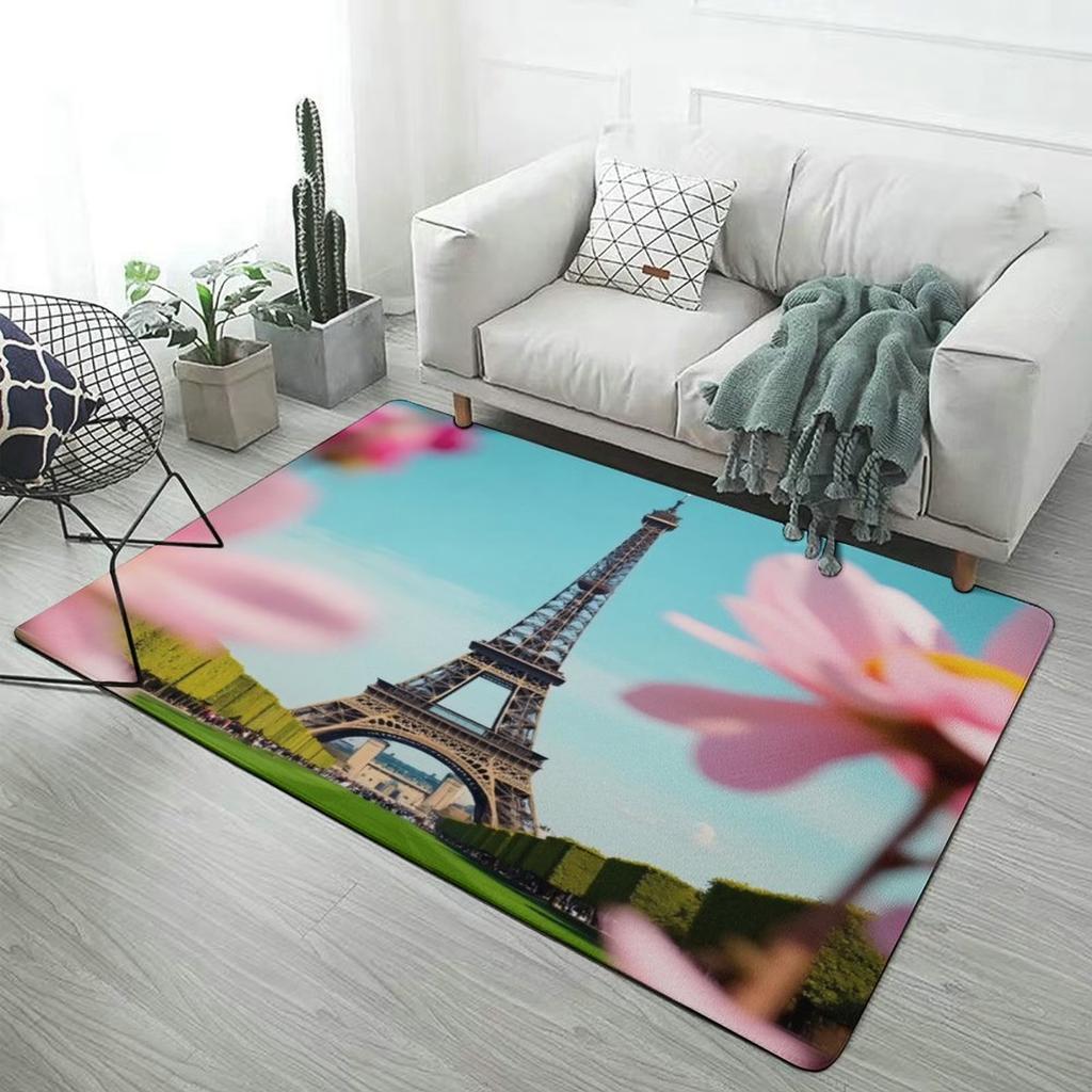 Eiffel Tower Print Area Rug Soft Flannel Washable Floor Mat for Living Room Bedroom Entryway Paris Themed Home Decor