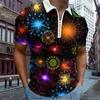 Casual Lapel T-shirt Young Men's Fashion Zipper T-shirt Short Sleeve T-shirt Men's 3D Starlight Print T Shirt