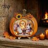 Miniature Scene Halloween Gifts Ghost Pumpkin Tabletop Sign, Wooden House with Mini Tiered Tray Ornaments Scene, Fall Harvest Desktop Ornament