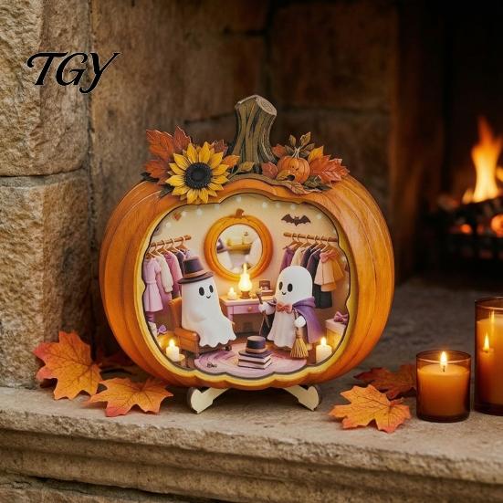 Miniature Scene Halloween Gifts Ghost Pumpkin Tabletop Sign, Wooden House with Mini Tiered Tray Ornaments Scene, Fall Harvest Desktop Ornament