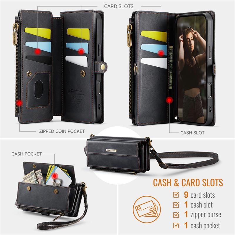CaseMe Кожаный чехол-книжка для iPhone 17 Pro Max 17E Air 16 Plus 16E 15 14 13 12 11 X XS XR SE 2022 8 с длинным ремешком, кошельком на молнии, обложкой для нескольких карт