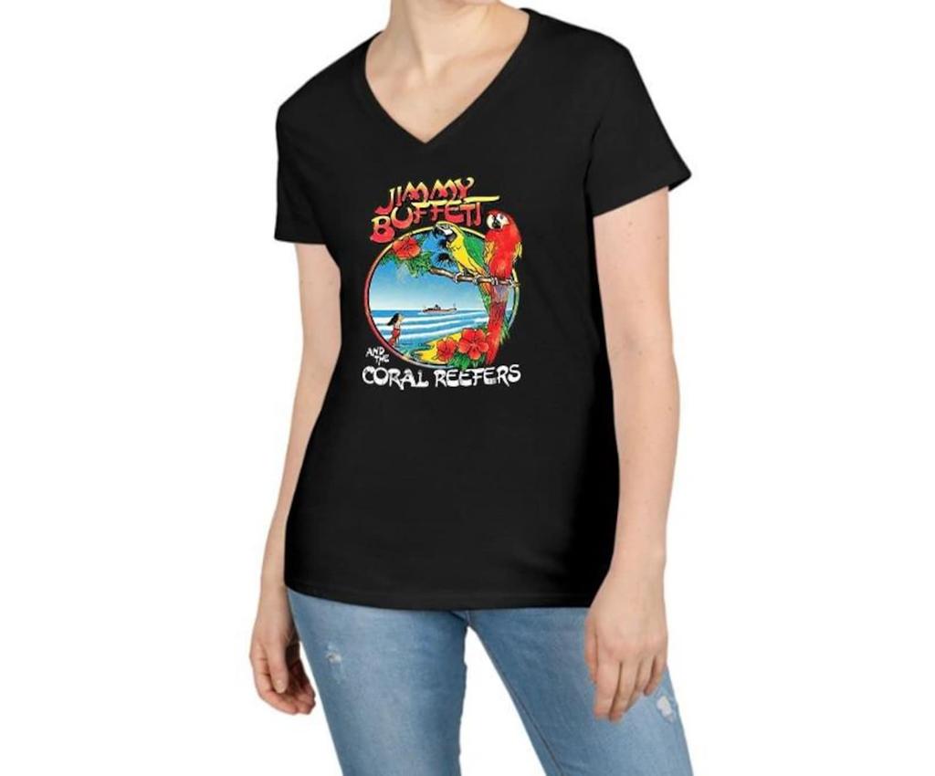 Women's V-Neck T-Shirt and kids tshirt, Tropical Parrot Island, Beach Music Art Graphic Tee
