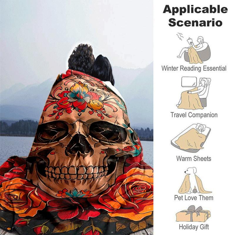 1pc Skull Printing Lightweight Flannel Blanket, Comfortable and Warm Blanket, for Camping Sofa Bed and Couch Office, Gift