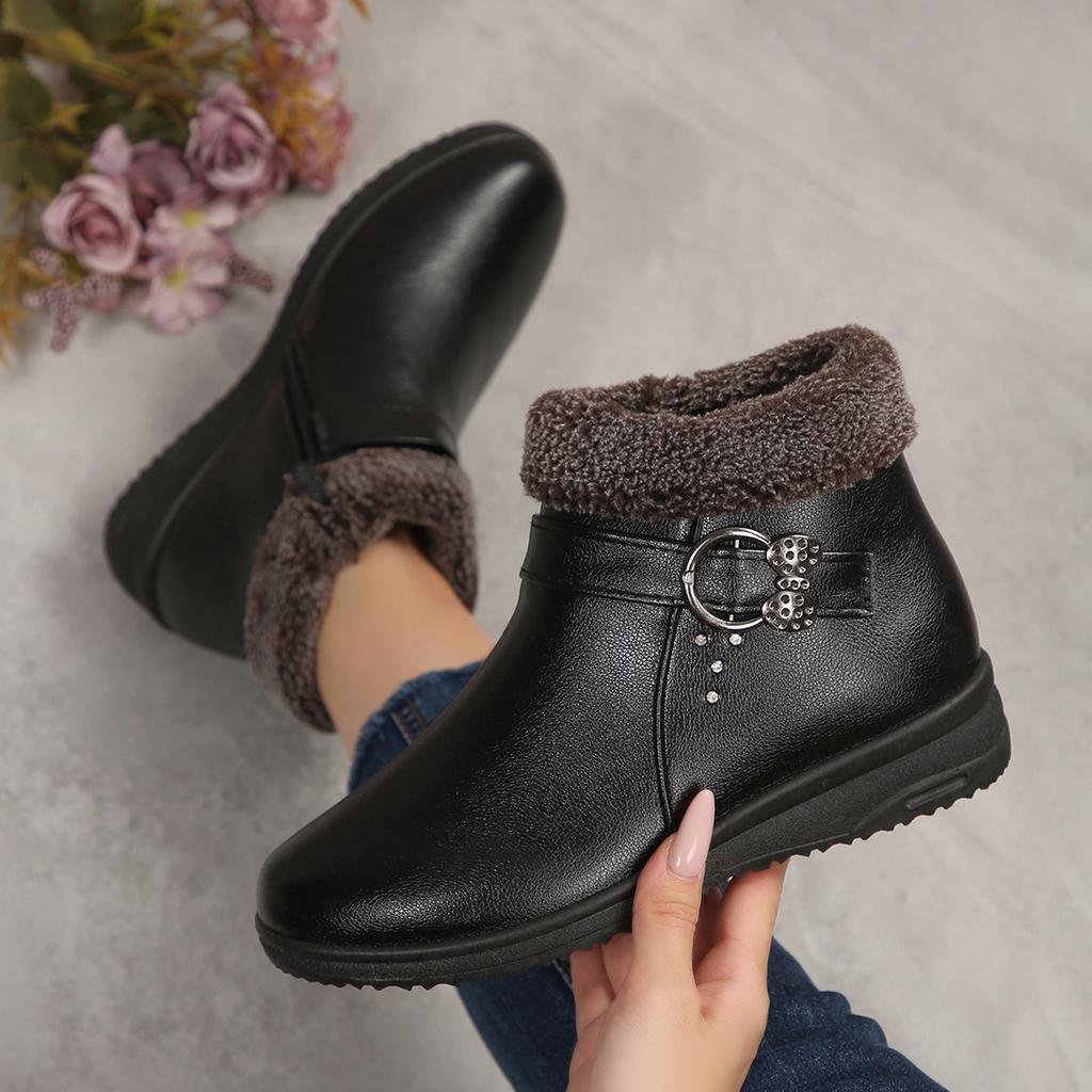 Fashion Casual Side Zip Pu Ankle Boots Women 2025 Winter Warm Short Plush Non Slip Mom's Shoes Vintage Soft Faux Fur Wedge Heel Booties