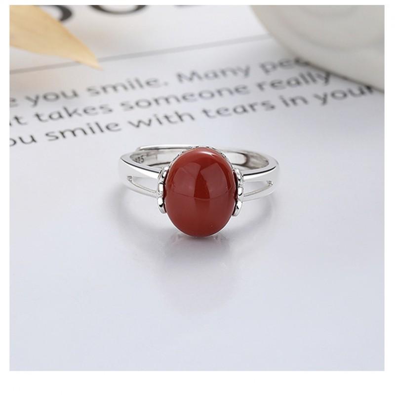 Adjustable Open Ring Women Men With Double Oval Red Agate Gemstone Vintage Chinese Style Statement Jewelry