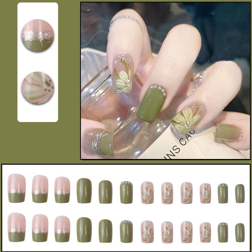 Press On Nail Full Cover Wearable Medium Long Green Camellia Artificial Nails Fake Nails False Nail