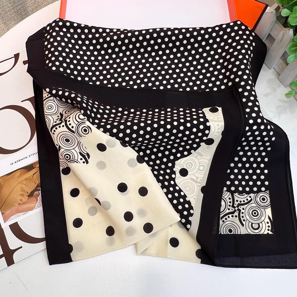 [Black Rice Polka Dots] Simple Mulberry Silk Double Crepe Strip Scarf Ribbon Scarf Silk Scarf Women