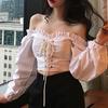 Sweet Spring Slash Neck Blusas Women Puff Sleeve Lace Up Blouses Female Short High Waist Shirts Cozy Crop Tops
