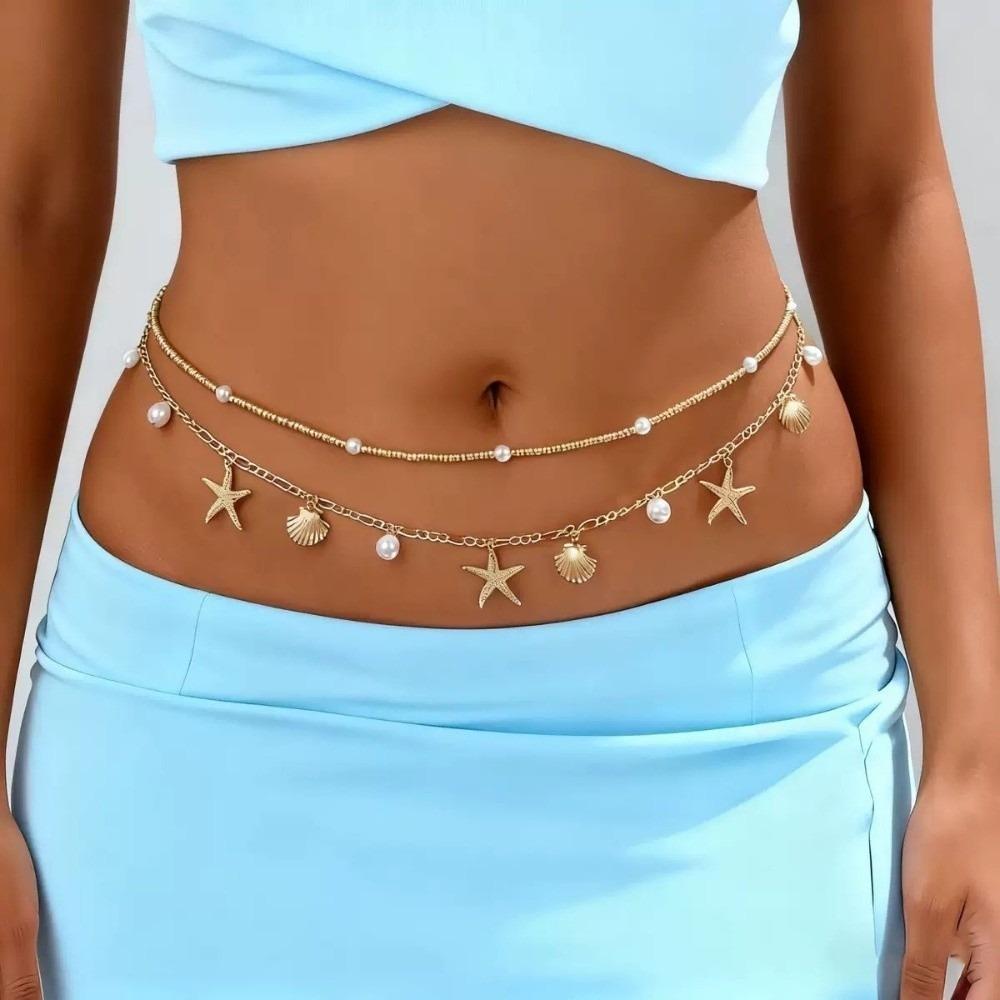 2 Pcs/set Gold Starfish Waist Chain Shell Belly Chains Elegant Beads Body Chain Summer