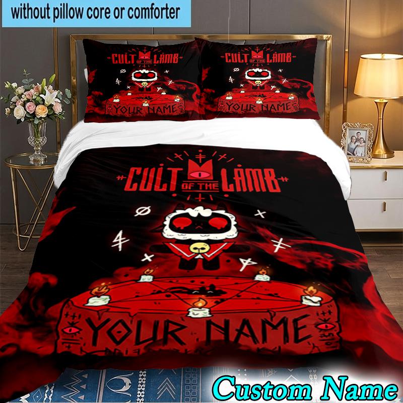 Custom Name 3PCS Cult Lamb Game Fantasy Bedding Set,Including Duvet Cover And 2pcs Pillowcases Perfect for Bedroom,Dormitory,Fan Christmas gift