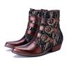 Retro Pointed Toe Low Heel Short Boots Genuine Leather Printed Side Zipper Women's Shoes