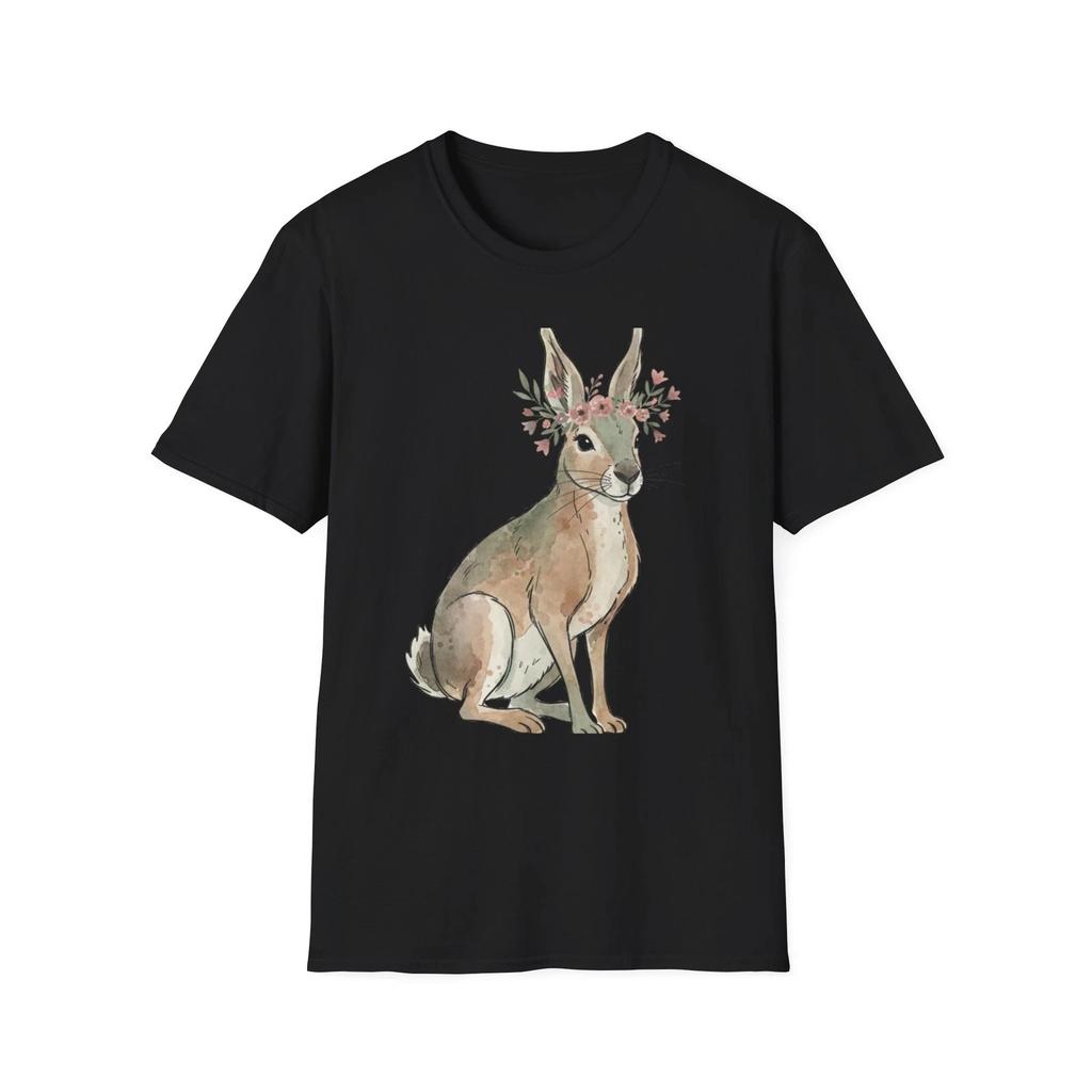 Bunny Watercolor Floral Boho Black Tee Nature Aesthetic Graphic T-Shirt