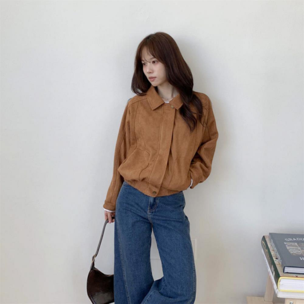 New Arrivals Open Run Women Suede Loose Fit Collar Neck Jacket