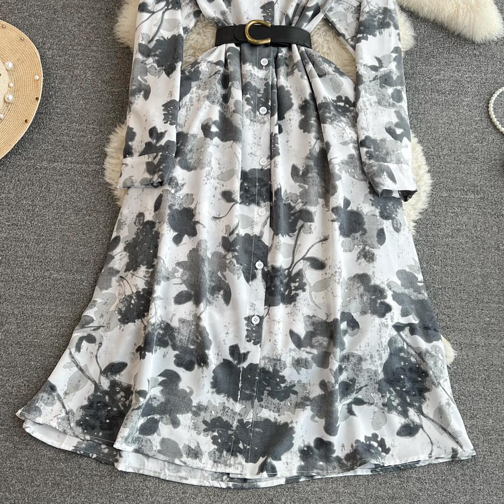 Новое осеннее модное женское платье с цветочным принтом, однобортное однобортное трапециевидное платье с отложным воротником и длинными рукавами, винтажные вечерние платья миди