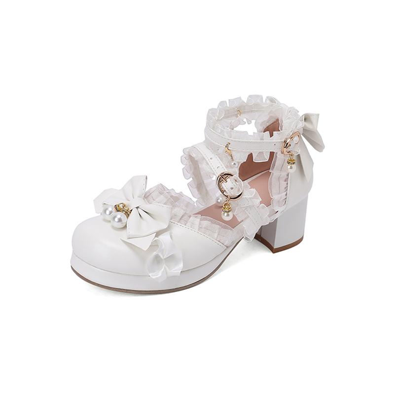 Женские туфли-лодочки в стиле Лолиты с ремешком на щиколотке, женская обувь в стиле каваи на платформе с круглым носком, на толстом среднем каблуке с пряжкой и бантом из бисера, весенне-осенняя женская обувь