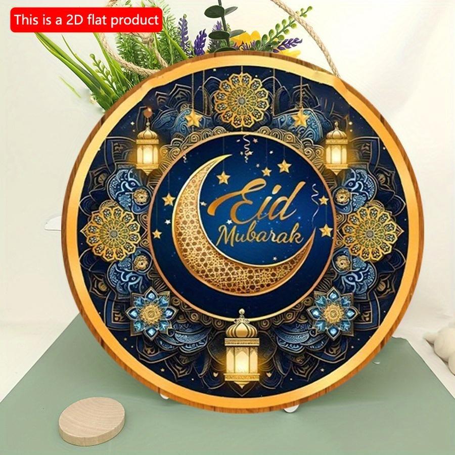 2D Flat 20*20cm 1pc EID Mubarak Bright Moon&Flowers&Lantern Pretty Round Wooden Pendant, Star Sky Theme Gorgeous Retro Style Ceiling Hanging Ramadan