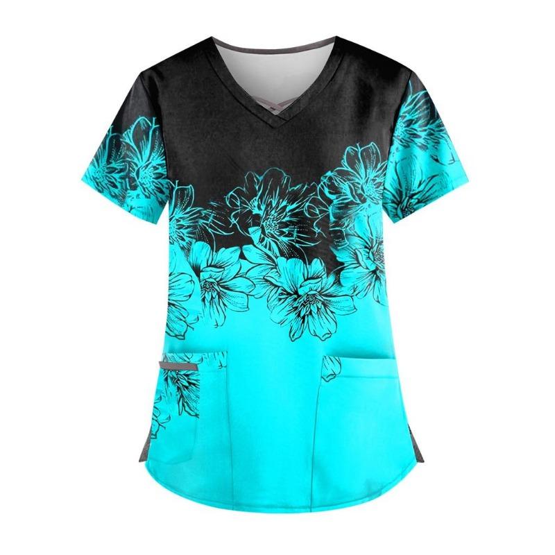 Plus Size Flower Printed Scrub Working Uniform Tops for Women Cross V-Neck Short Sleeve Fun T-Shirts Workwear Tee with Pockets