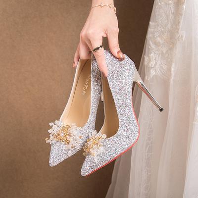 Мода Обувь Большого Размера Женская Обувь Слипоны Высокие Каблуки Острый Носок 2025 Босоножки Женские На Шнуровке Блестящие Сексуальные Туфли-Лодочки Большие Слипоны Шипы Новинки