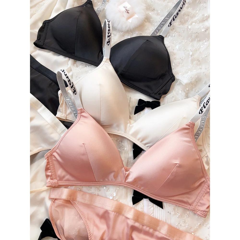 Комплект нижнего белья Ice Silk Comfort, женский сексуальный бюстгальтер Push Up с глубоким V-образным вырезом, регулируемый бюстгальтер с буквами и кружевными трусиками