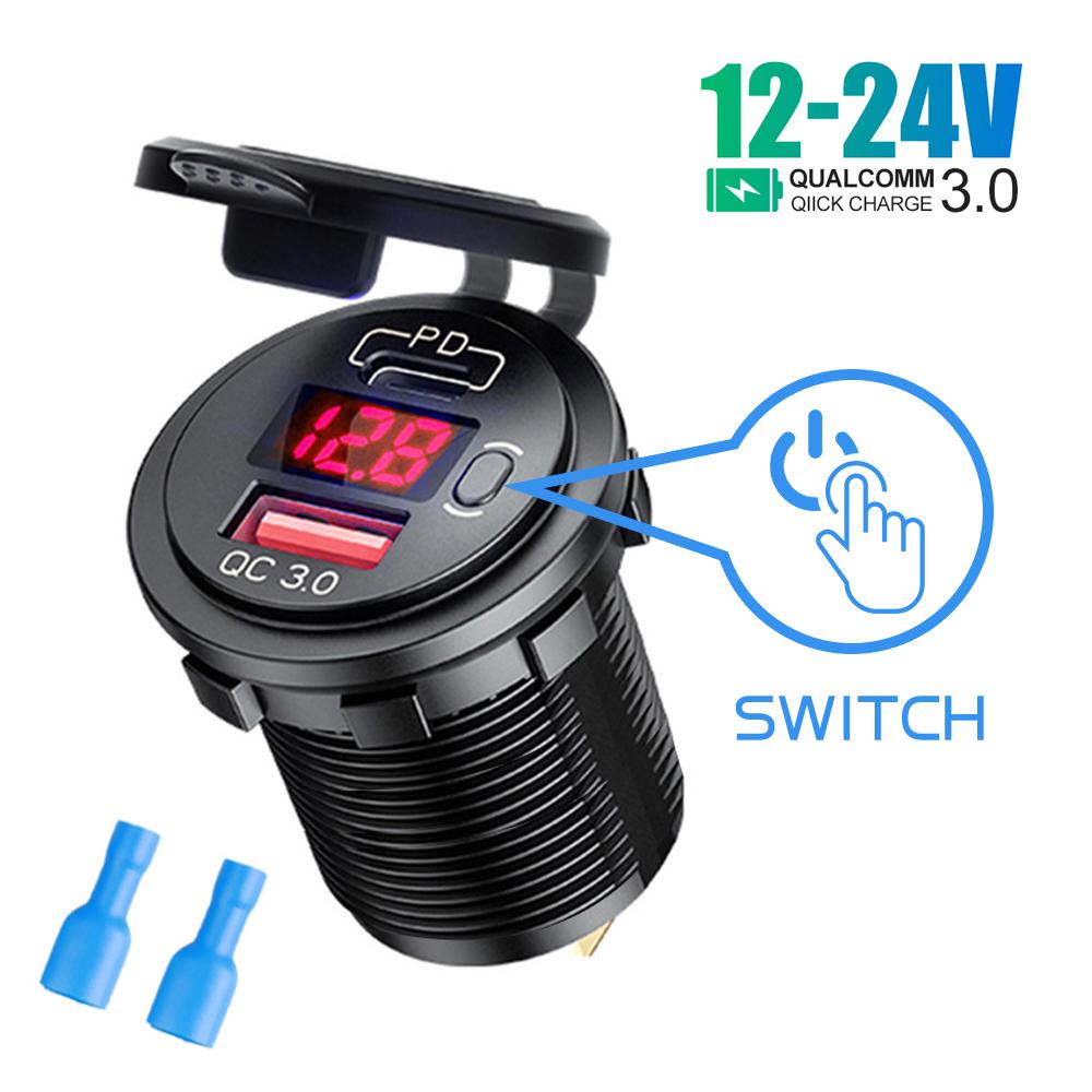 60 Вт PD Тип C/QC 3.0 USB зарядное устройство с выключателем розетка адаптер питания водонепроницаемый для 12 В 24 В автомобиля грузовика лодки автофургона мотоцикла