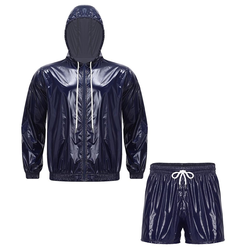 Mens Waterproof Sportswear Long Sleeve Zip Up Hooded Jacket Windbreaker Built-in Briefs Boxer Shorts Sweat Outfit