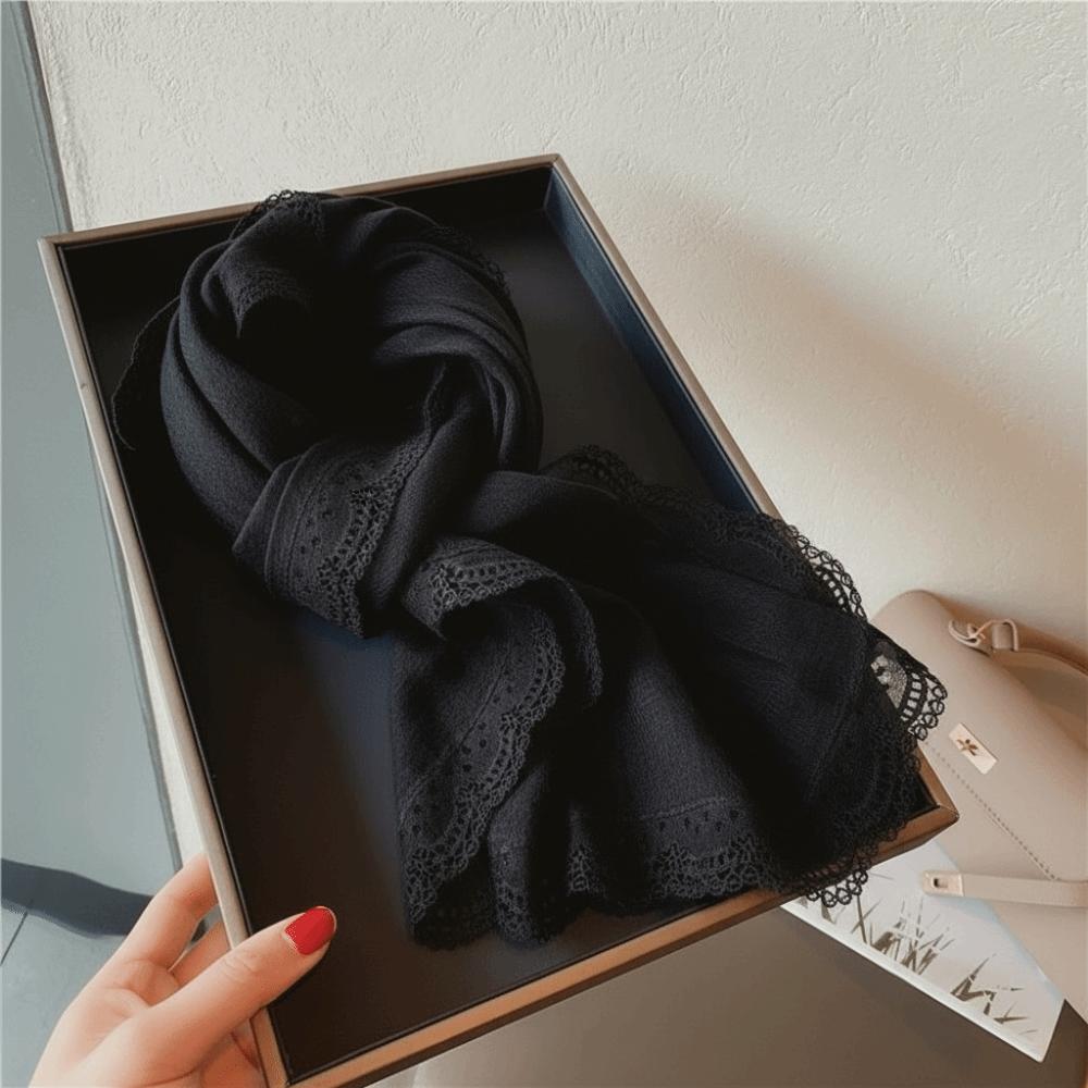 Solid Color Cotton Linen Scarf Lace Edge Silk Scarf Literary Flaxen Lace Scarf  for Women