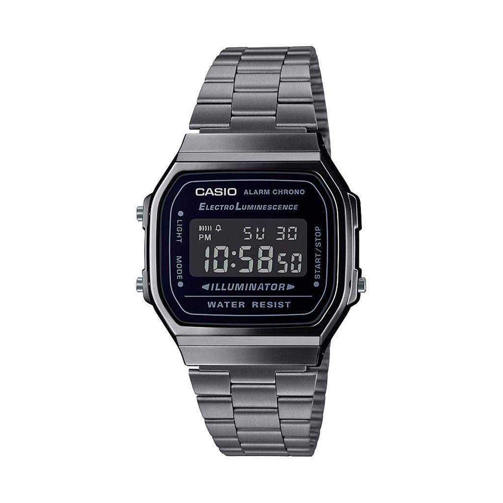 Casio Унисекс цифровые часы в винтажном стиле с черным циферблатом и серым металлическим ремешком A168WGG-1BDF (D182)