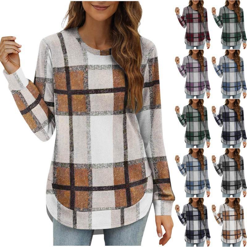 2026 Women's Casual Loose Plaid Long Sleeves Round Neck Irregular Bottled Shirt Top
