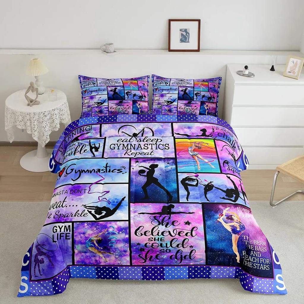Gymnastics Dance Lovers Duvet Cover King,Watercolor Butterfly Star Sky Bedding Set 3pcs,Silhouette Rainbow Graffiti Quilt Cover