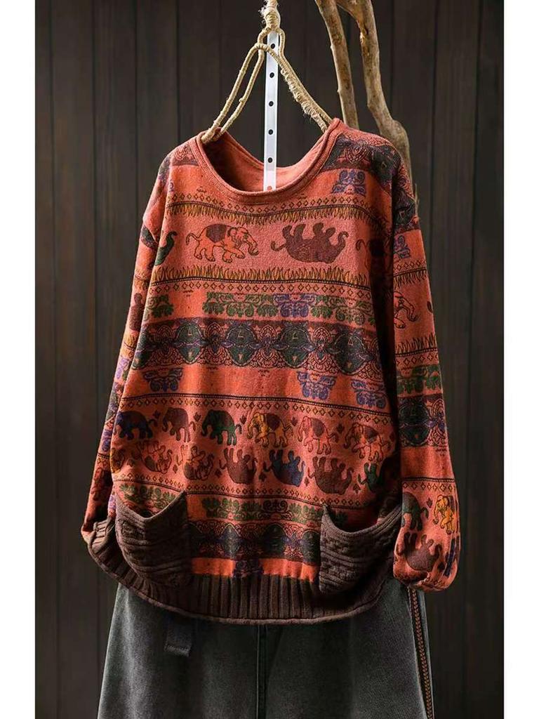 Johnature Woman Autumn Elephant Print Double Pockets Contrast Sweater Casual Loose Vintage Style O-Neck Sweater