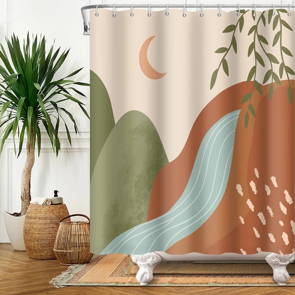 Abstract Mid Century Shower Curtain Arch Sun Moon Minimalist Geometric Curve Stripes Fabric Christmas Landscape Bth Curtain Hook