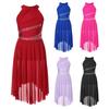 Children Girls Lyrical Modern Contemporary Dance Dress Ruched High-Low Tulle Leotard Ballet Gymnastics Figure Skating Dancewear