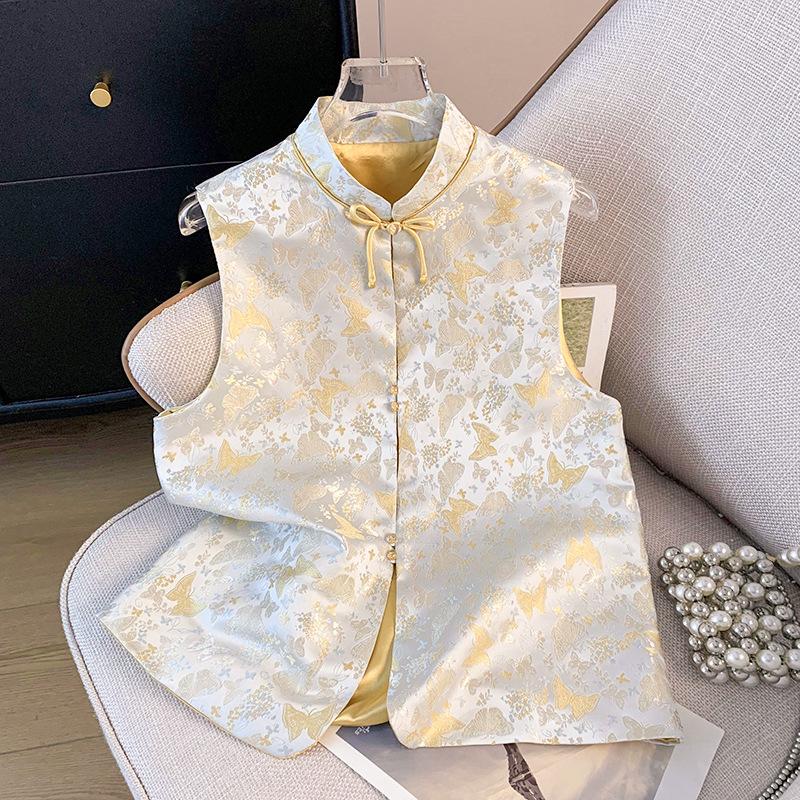 2025 Spring Women's Jacquard Vest: National Style, Stand Collar, Fashionable Thin Top