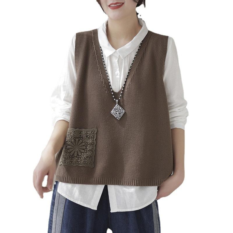 Винтажные женские вязаные свитера без рукавов жилет весна осень мода свободный пуловер V-образный вырез корейские повседневные топы