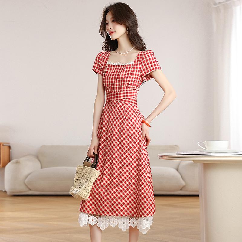 Red grid dreamy French square neck retro long dress
