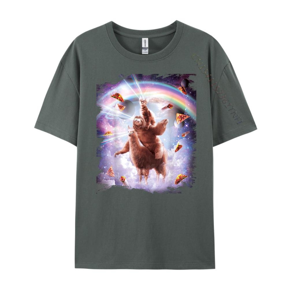 Laser Eyes Space Cat Riding Sloth Llama Rainbow Shirts Graphic Tee White T Shirt Men