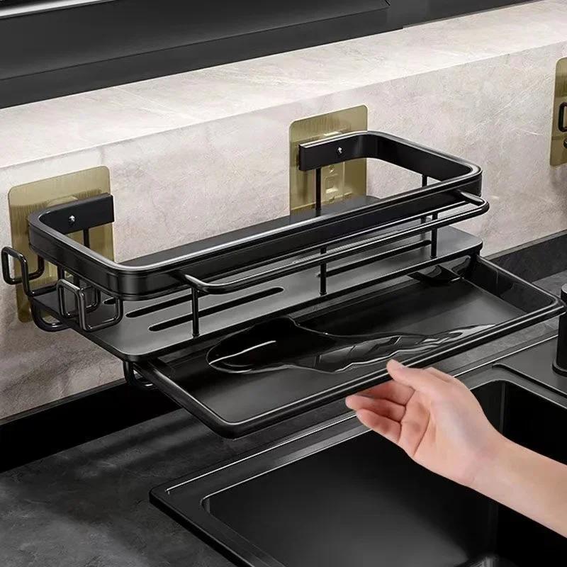 Aluminum No-Drill Kitchen Storage Rack - Sink Drain Rack with Self-Draining Shelf Sponge/Dishcloth/Towel Holder & Filter Basket