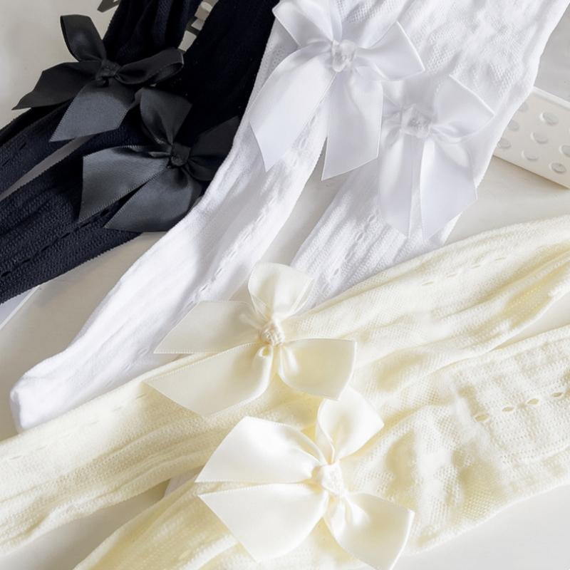 Детские колготки для девочек однотонные с кружевным бантом и ажурными вырезами для детей, милые тонкие дышащие леггинсы, летние, милые чулки