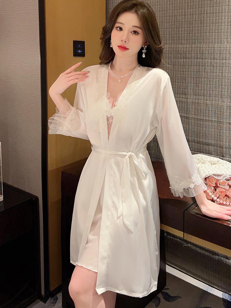 Кружевные сексуальные женские пижамы из ледяного шелка, летние тонкие модели с чашечками, пижамы на бретельках, комплекты из двух предметов новой домашней одежды