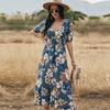 Spring Summer Long Floral Dress Women Sexy V Neck Short Sleeve Bandage Black Blue Yellow S M L XL