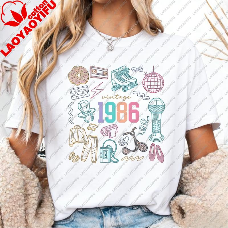 Vintage 1986 Shirt 40th Tee Birthday Doodle Gift 40 Years Old Celebration Printed Tshirt Tops Era Bday Party Casual Streetwear