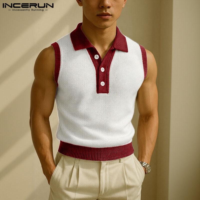 INCERUN Летние мужские майки без рукавов с лацканами, повседневные, тонкие, приталенные, со строчкой