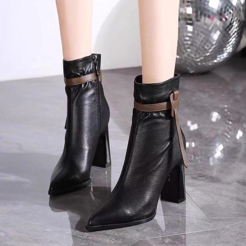Black Heeled Pointed Toe Leather Female Short Shoes Autumn Winter Fleece-Lined Booties Goth High Quality Women's Ankle Boots