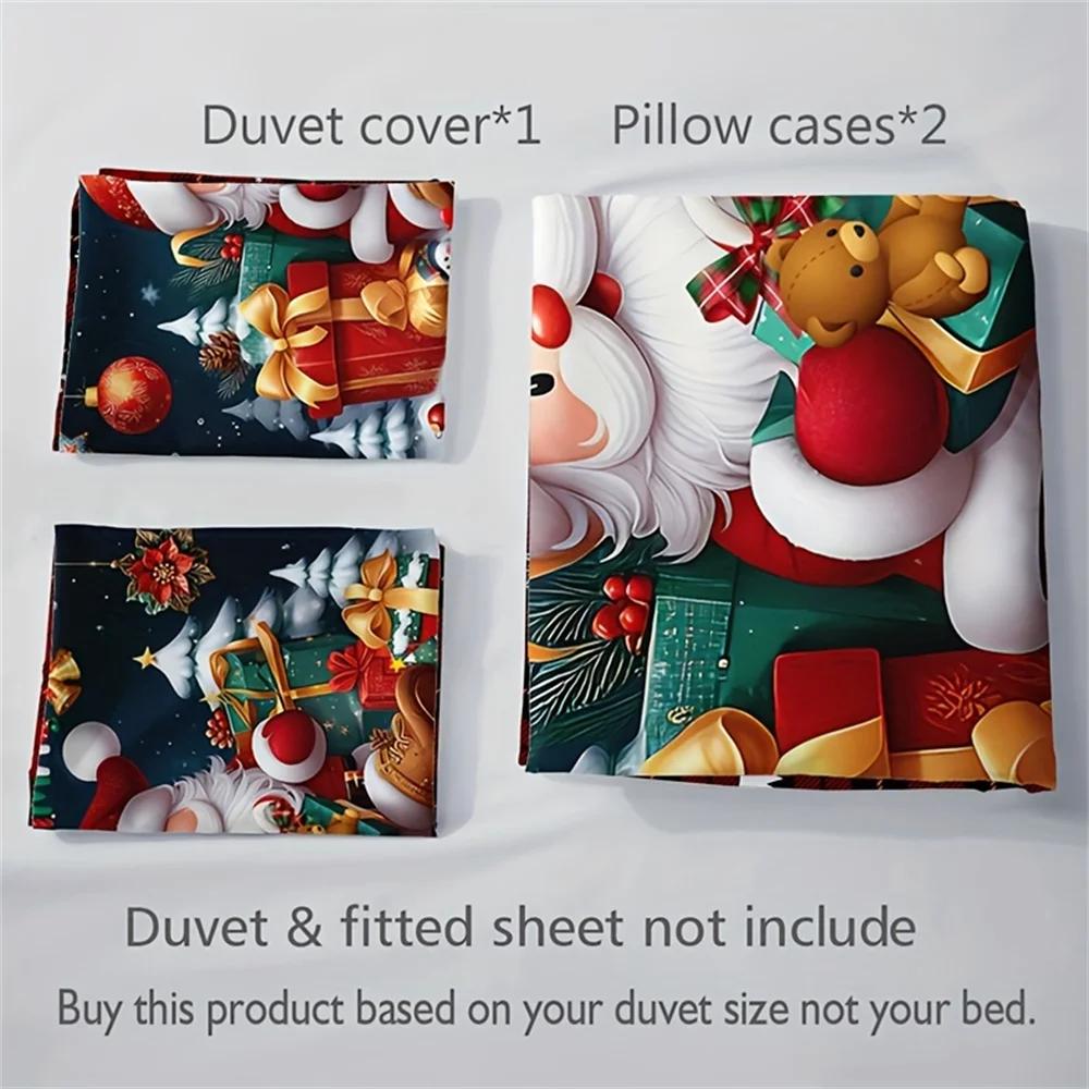 3pcs Christmas Bedding Set - Santa & Snowman Print Duvet Cover and Pillowcases, Breathable Polyester, Machine Washable - Perfect