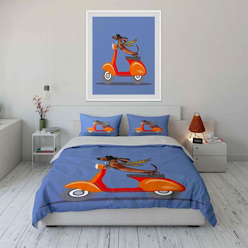 Dachshund on Orange Scooter Bedding Duvet Cover Set Duvet Cover Pillowcases (1*Duvet Cover 2*Pillowcases, without duvet insert)